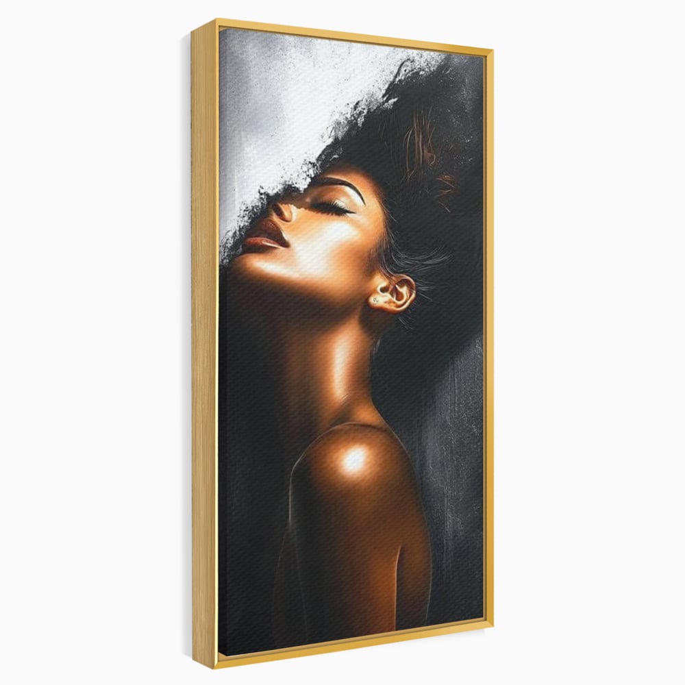 Tablou canvas cu tablou canvas cu portretul unei femei, in rama de aluminiu auriu